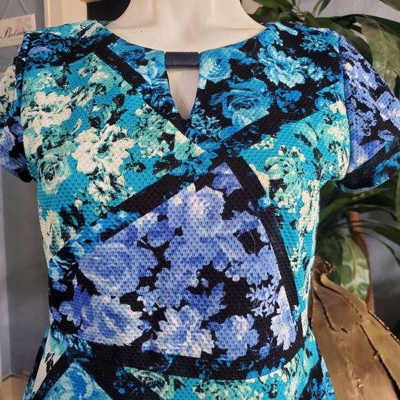 Shelby & Palmer Floral Flare Mini Dress Size 10P Blue Black Green - Picture 3 of 7